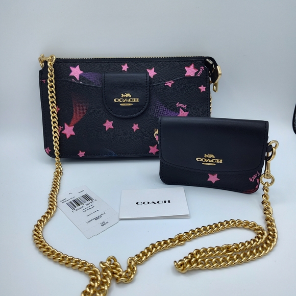 Coach Handbags - Coach Star Print Pink Crossbody Wallet Mini Bag Set Gold Chain NWT